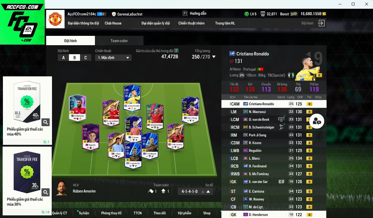 [Dư nhiều BP] Man Utd. 47.470b dư 16.600b có Blanc HG, CR7 CAP, Mazraoui SPL, Keane LN, Rio CAP, Beek HG, Bastian BTB, Park LN...